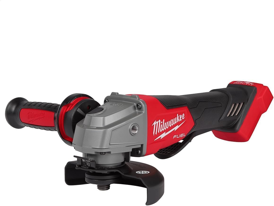 Milwaukee 2880-20 M18 FUEL Brushless 4-1/2"/5" Cordless Angle Grinder delivers powerful cutting and grinding with a no-lock paddle switch, advanced safety, and long runtime