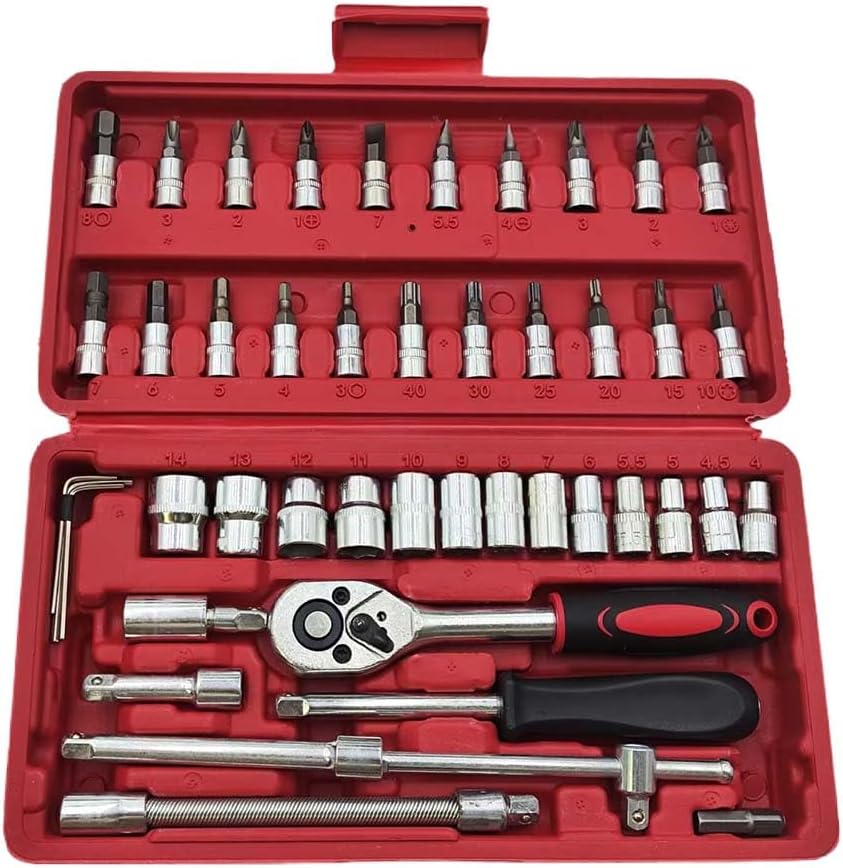 Juego de 46 llaves de trinquete de 1/4 de pulgada, mini llaves de trinquete con estuche de almacenamiento, juego de herramientas profesionales con juego de dados métrico y barra de extensión,