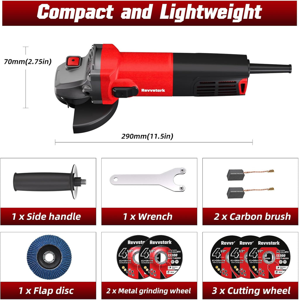 Angle Grinder, 7.5-Amp 4 1/2 inch Electric Grinder Power Tools 12000 RPM with Cutting and Grinding Wheels, Flap Disc and Auxiliary Handle for Cutting, Grinding, Polishing, M14 Thread