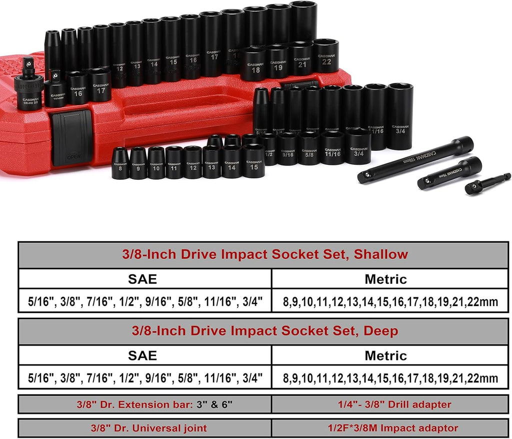 CASOMAN 3/8" Drive Impact Socket Set, 49 Piece Standard SAE and Metric Sizes (5/16-Inch to 3/4-Inch and 8-22 mm), 6 Point, Cr-V Steel Socket Set