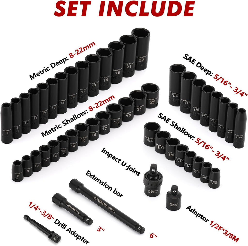 CASOMAN 3/8" Drive Impact Socket Set, 49 Piece Standard SAE and Metric Sizes (5/16-Inch to 3/4-Inch and 8-22 mm), 6 Point, Cr-V Steel Socket Set