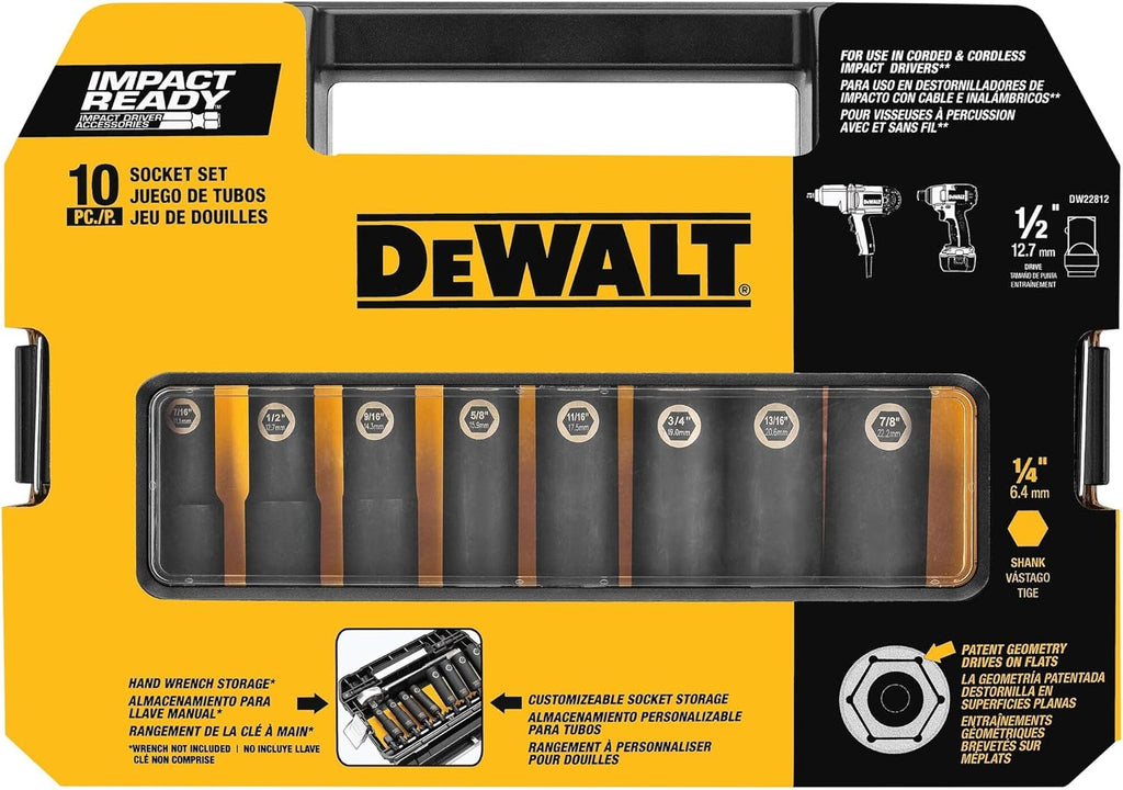 DEWALT DW22812 1/2-Inch 10-Piece IMPACT READY Socket Set (SAE)
