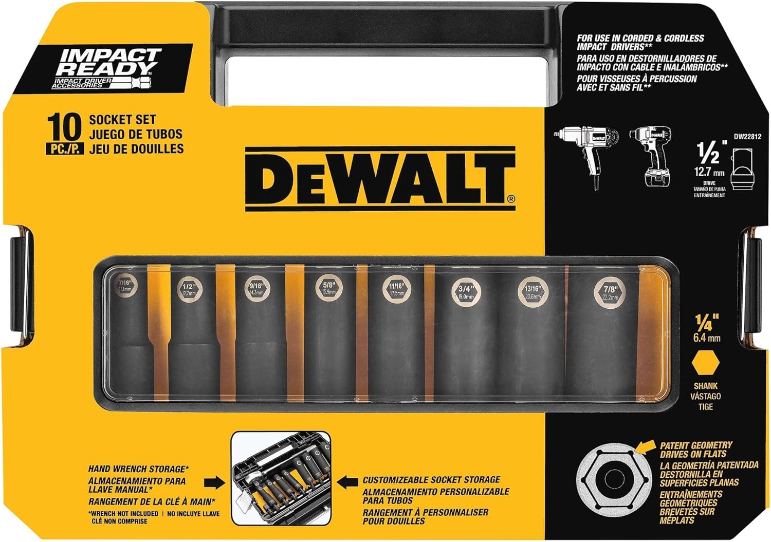 DEWALT DW22812 1/2-Inch 10-Piece IMPACT READY Socket Set (SAE)
