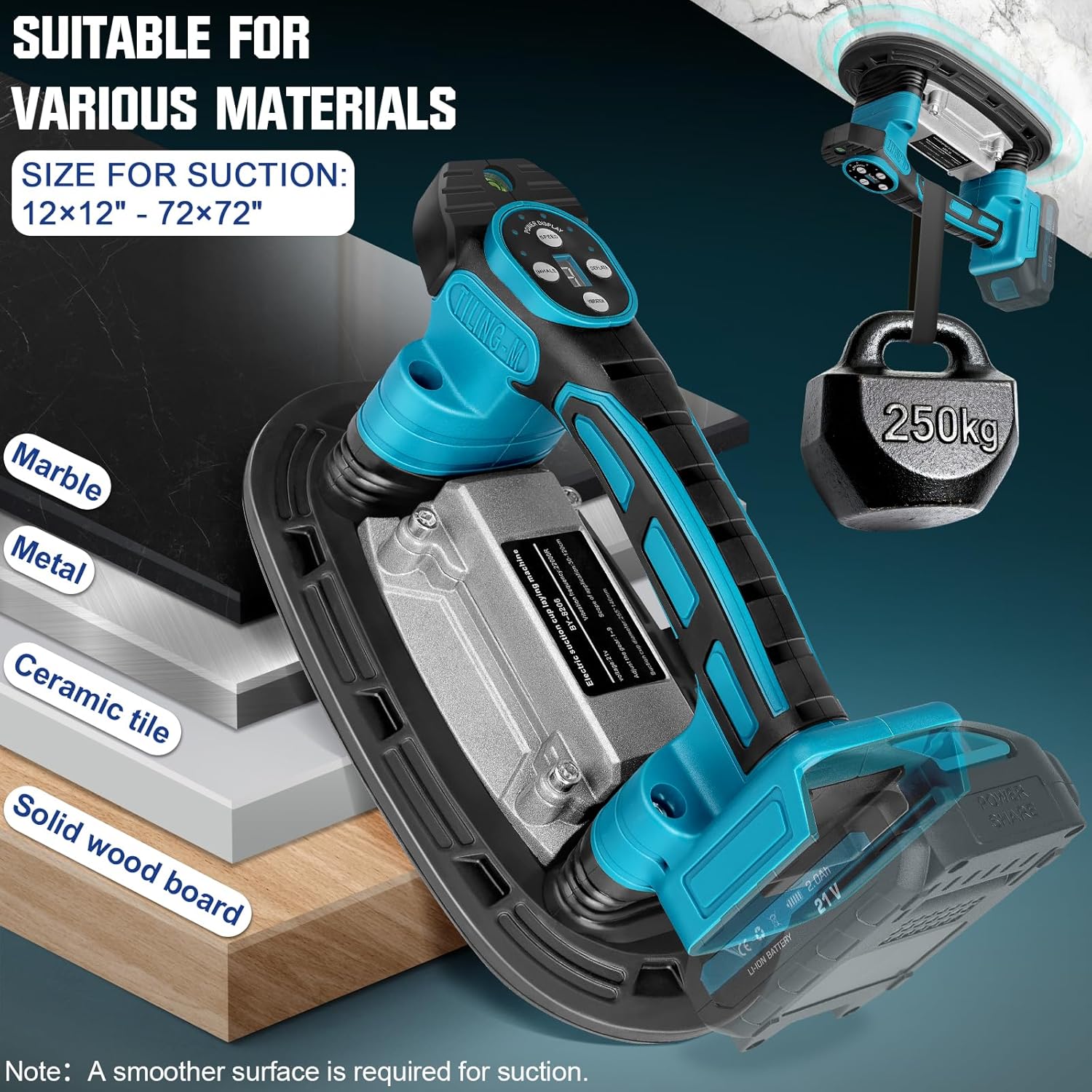Tile Vibration Tool 250mm Suction Cup Max 551lbs/250kg, Handheld Tile Installation Leveling Machine for Makita 18V Battery, Tiling Vibrator for Tiling Leveling Laying 25000r/Min 9 Speeds Adjustable