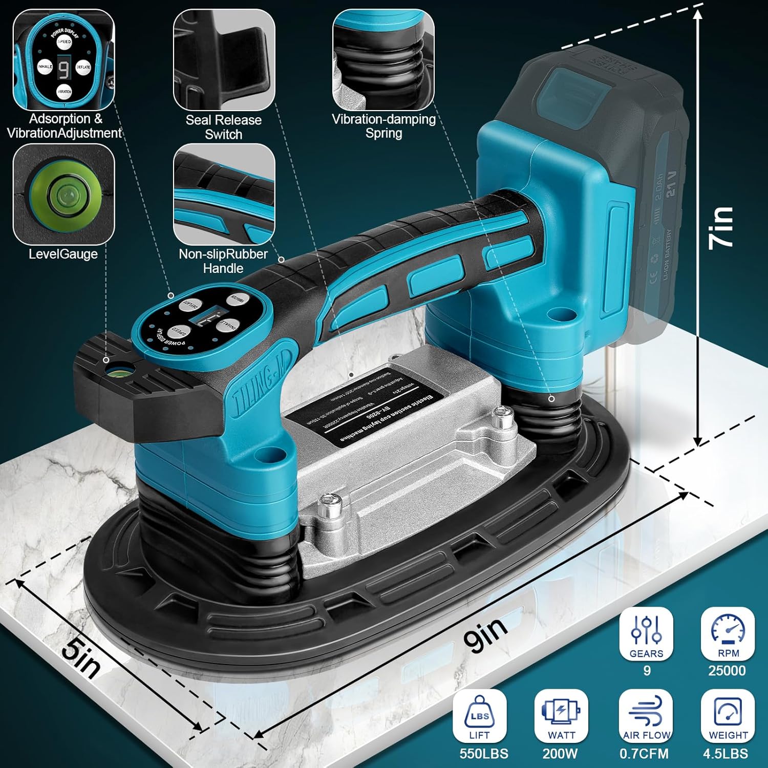 Tile Vibration Tool 250mm Suction Cup Max 551lbs/250kg, Handheld Tile Installation Leveling Machine for Makita 18V Battery, Tiling Vibrator for Tiling Leveling Laying 25000r/Min 9 Speeds Adjustable