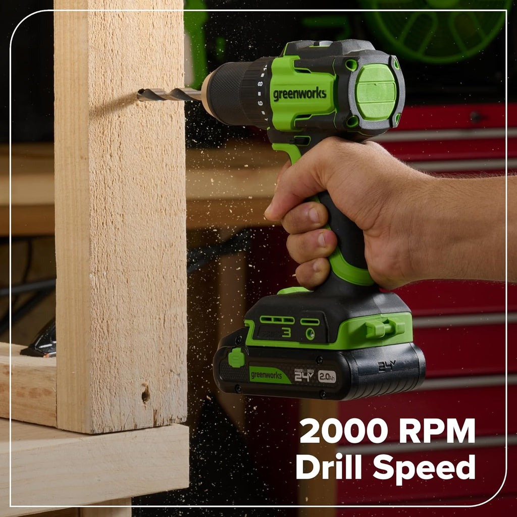 Greenworks 24V Cordless Brushless 400 in-lbs Drill/Driver, Lightweight, LED Work Light,18+1 Clutch, 2.0Ah USB-C Battery (12,000mAh Power Bank),30W USB-C Charger and USB C to USB C Cable(3.3FT)